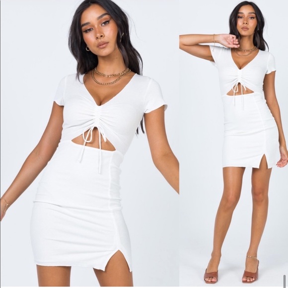 Princess Polly Dresses & Skirts - Princess Polly Pinch Me White Ribbed Short Sleeve Cut Out Ruched Mini Dress